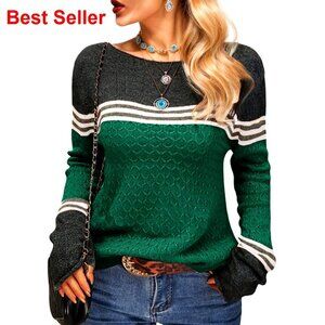 Lightweight Pullover Sweater Long Sleeve Crew Neck Colorblock Design